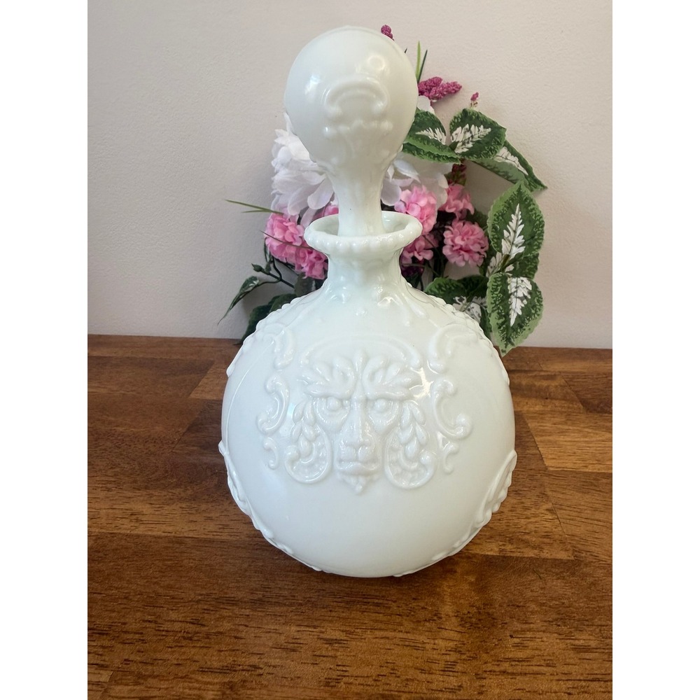 Vintage Milk Glass Lion Face Decanter With‎ Stopper Mid Century Barware Bottle